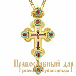 Крест латунный в позолоте с принтом и цепью - фото